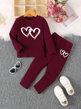 Young Girls' Pink Heart Print Long Sleeve Top And Pants Set